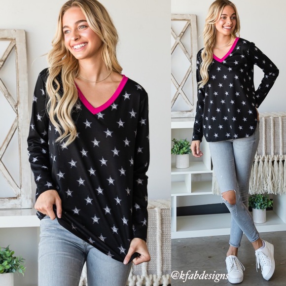 ❤️LAST 1! So Soft! V Neck Hot Pink Contrast Soft Faded Star Top! - Picture 9 of 12